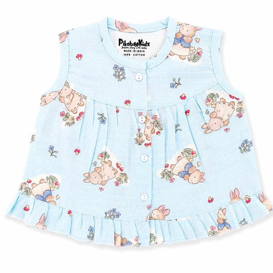 Muslin Button frock 0-6M - Bunny paradise Blue