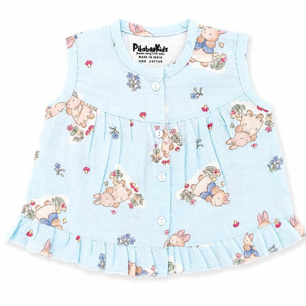 Muslin Button frock 0-6M - Bunny paradise Blue