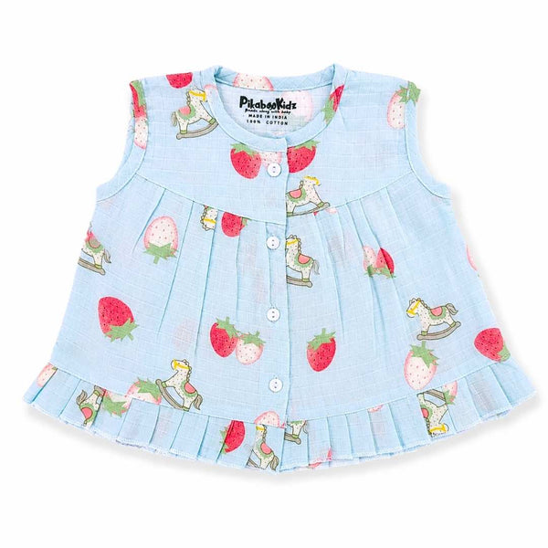 Muslin Button frock 0-6M - Strawberry blue