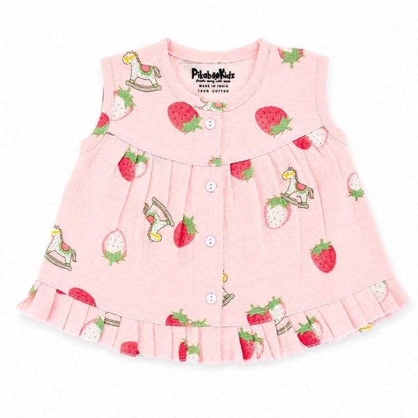 Muslin Button frock 0-6M - Pink Strawberry