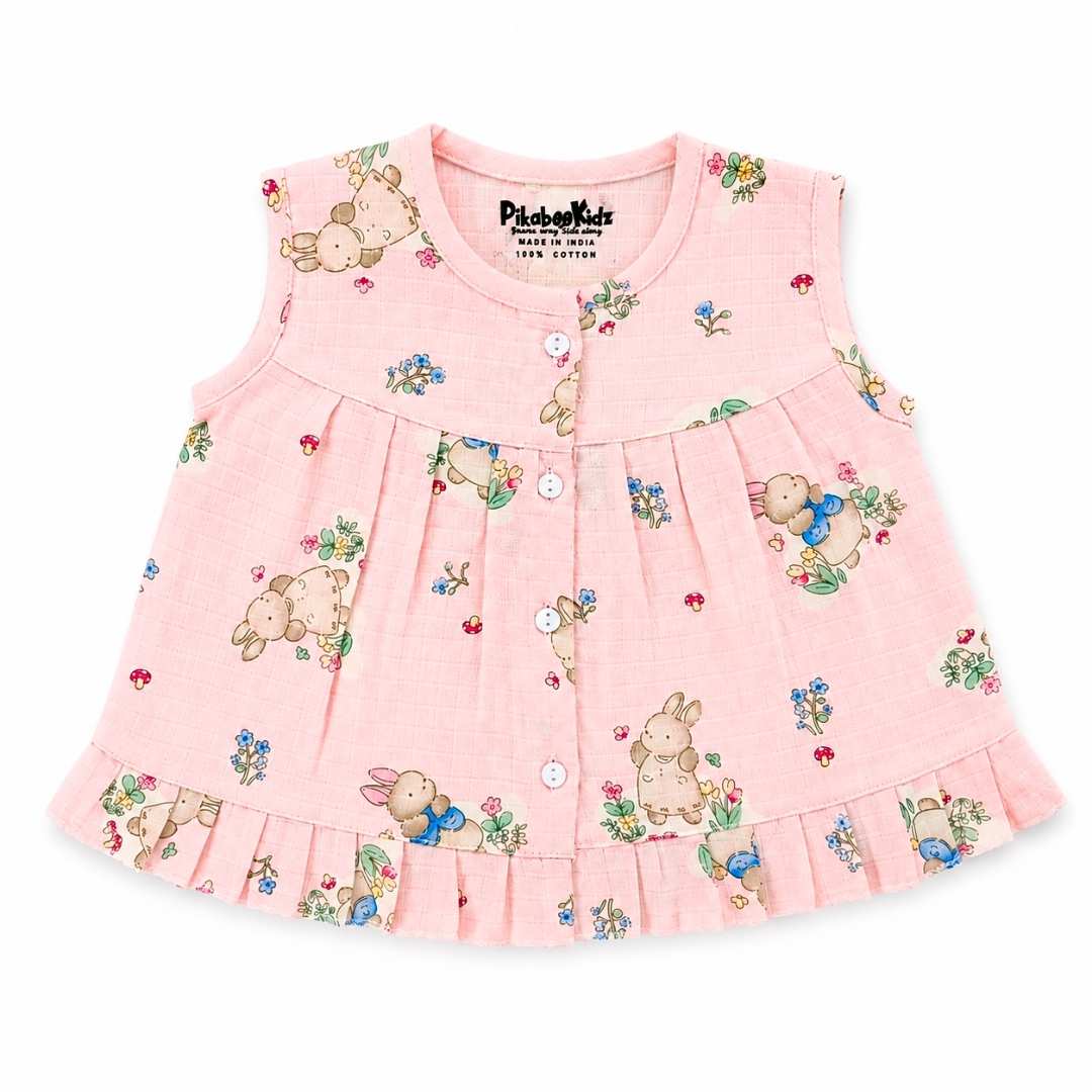Muslin Button frock 0-6M - Pink paradise bunny