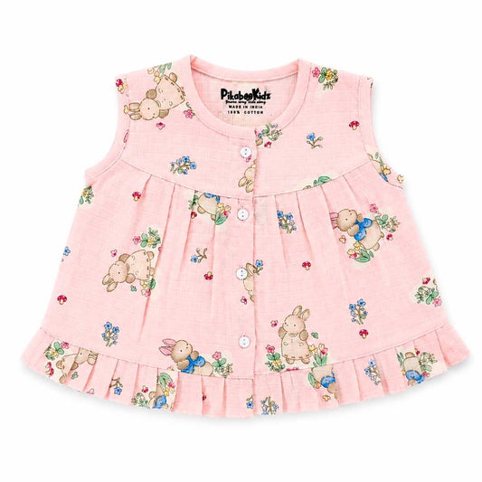 Muslin Button frock 0-6M - Pink paradise bunny