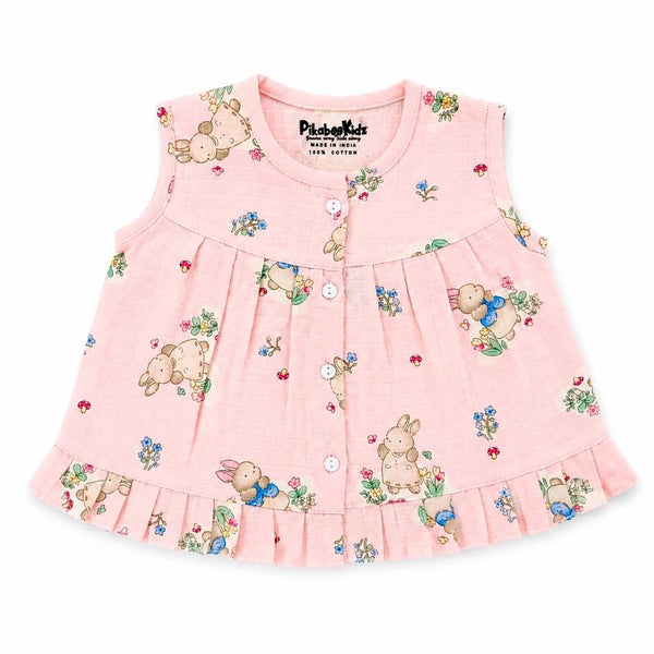 Muslin Button frock 0-6M - Pink paradise bunny