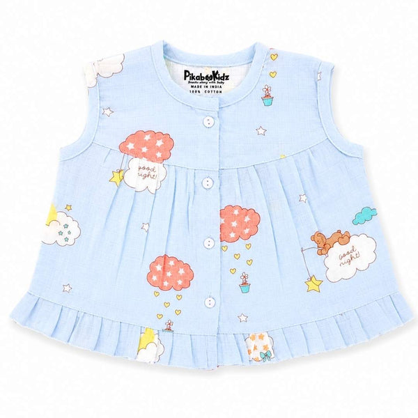 Muslin Button frock 0-6M - Blue teddy