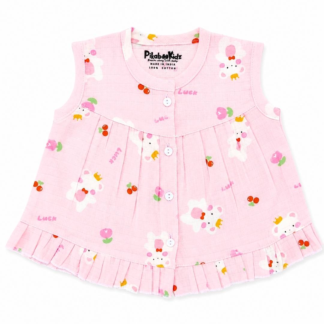 Muslin Button frock 0-6M - Lucky pink
