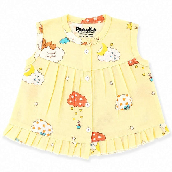 Muslin Button frock 0-6M - Yellow teddy