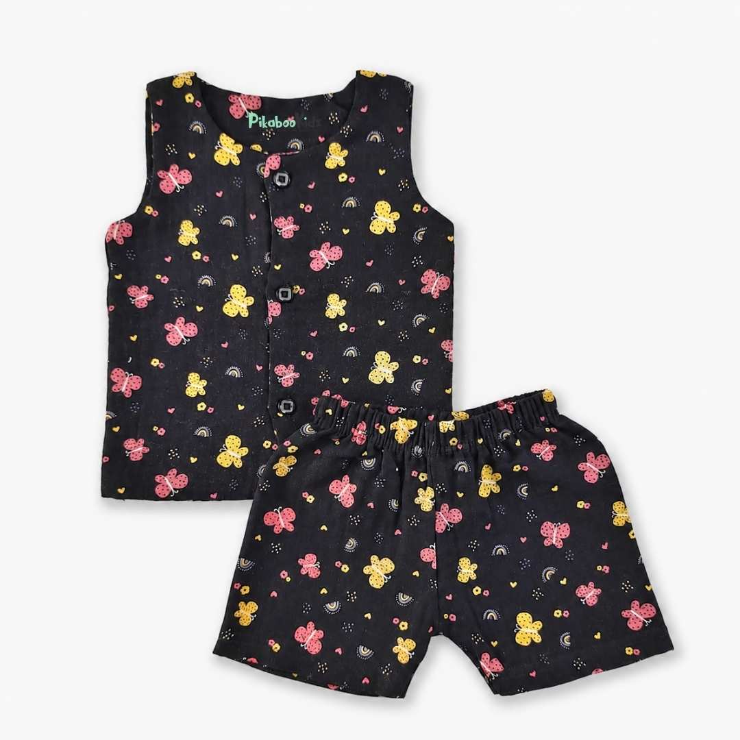 Muslin Vest & Shorts Set -Butterflies Black