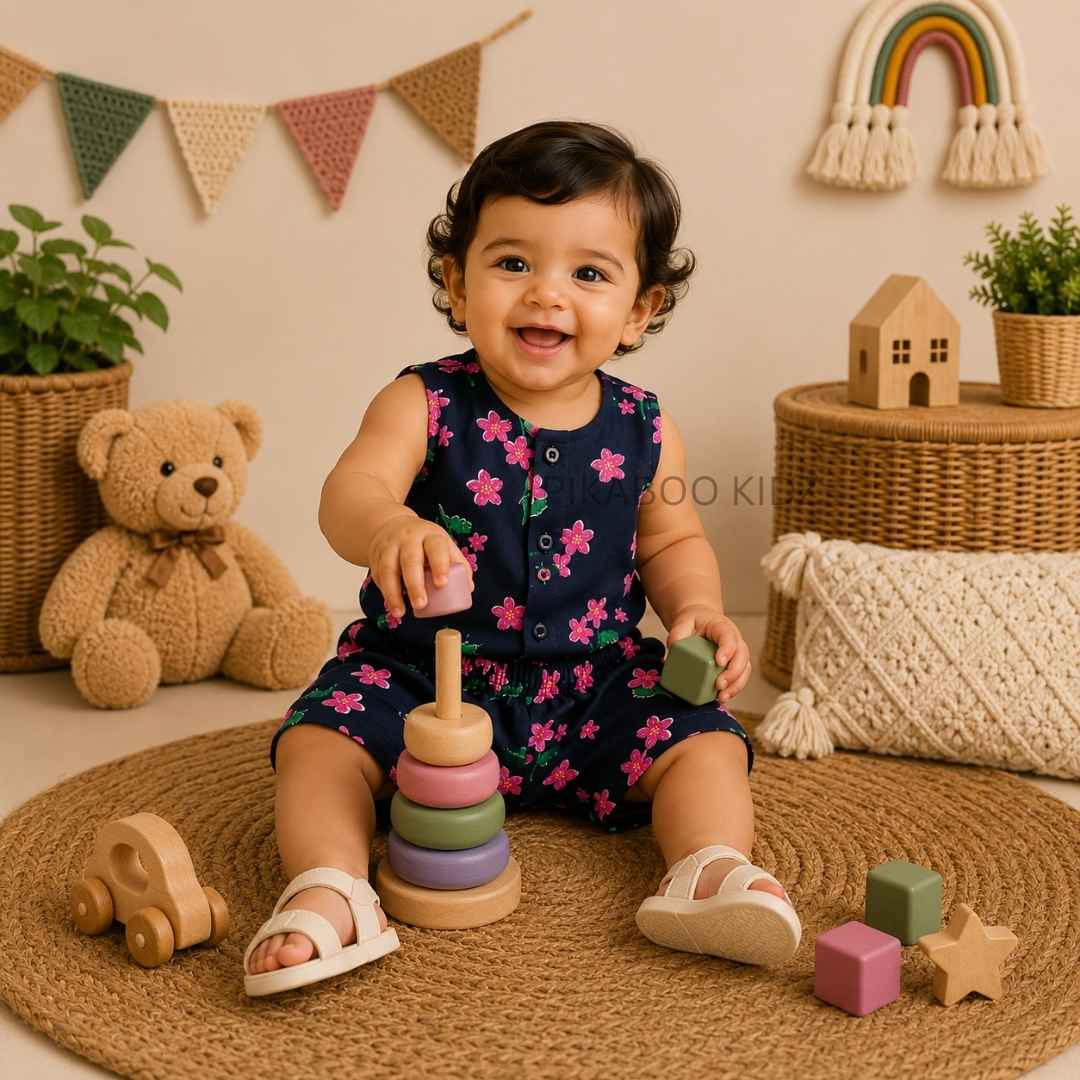 Muslin Vest & Shorts Set -Navy blue flower