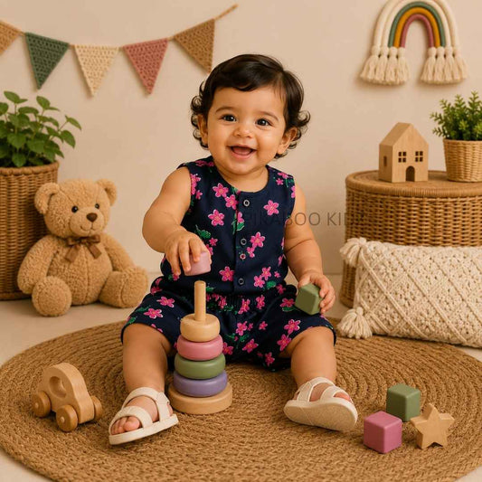 Muslin Vest & Shorts Set -Navy blue flower