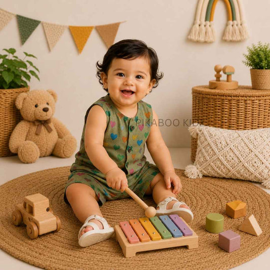 Muslin Vest & Shorts Set -Heart Olive green