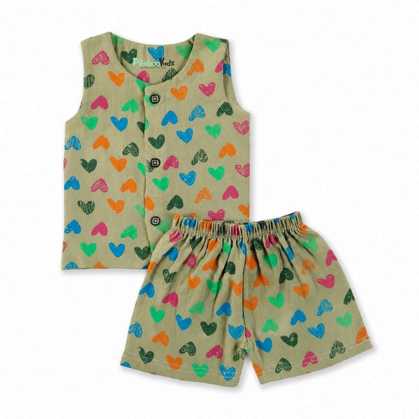 Muslin Vest & Shorts Set -Heart Olive green - alt view