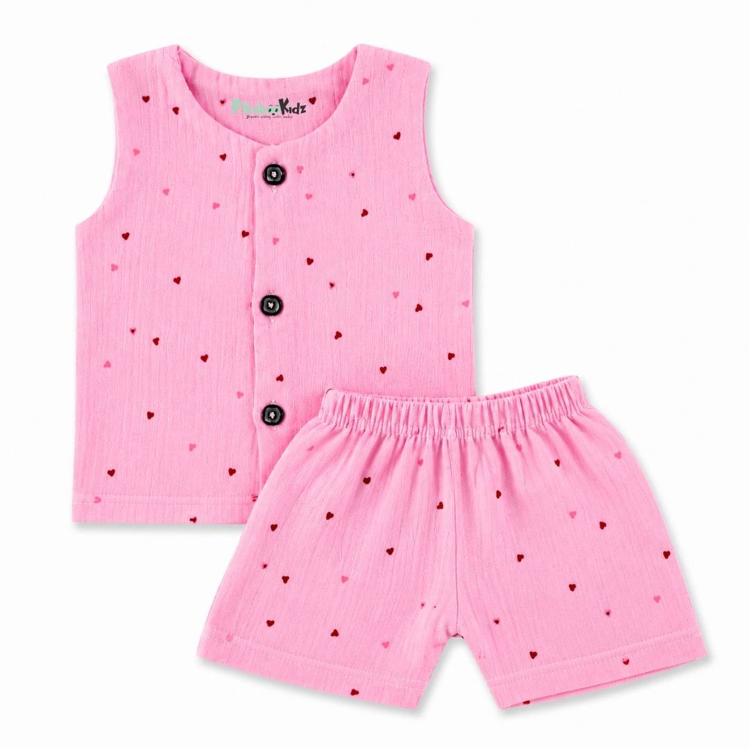 Muslin Vest & Shorts Set -Pink Heart