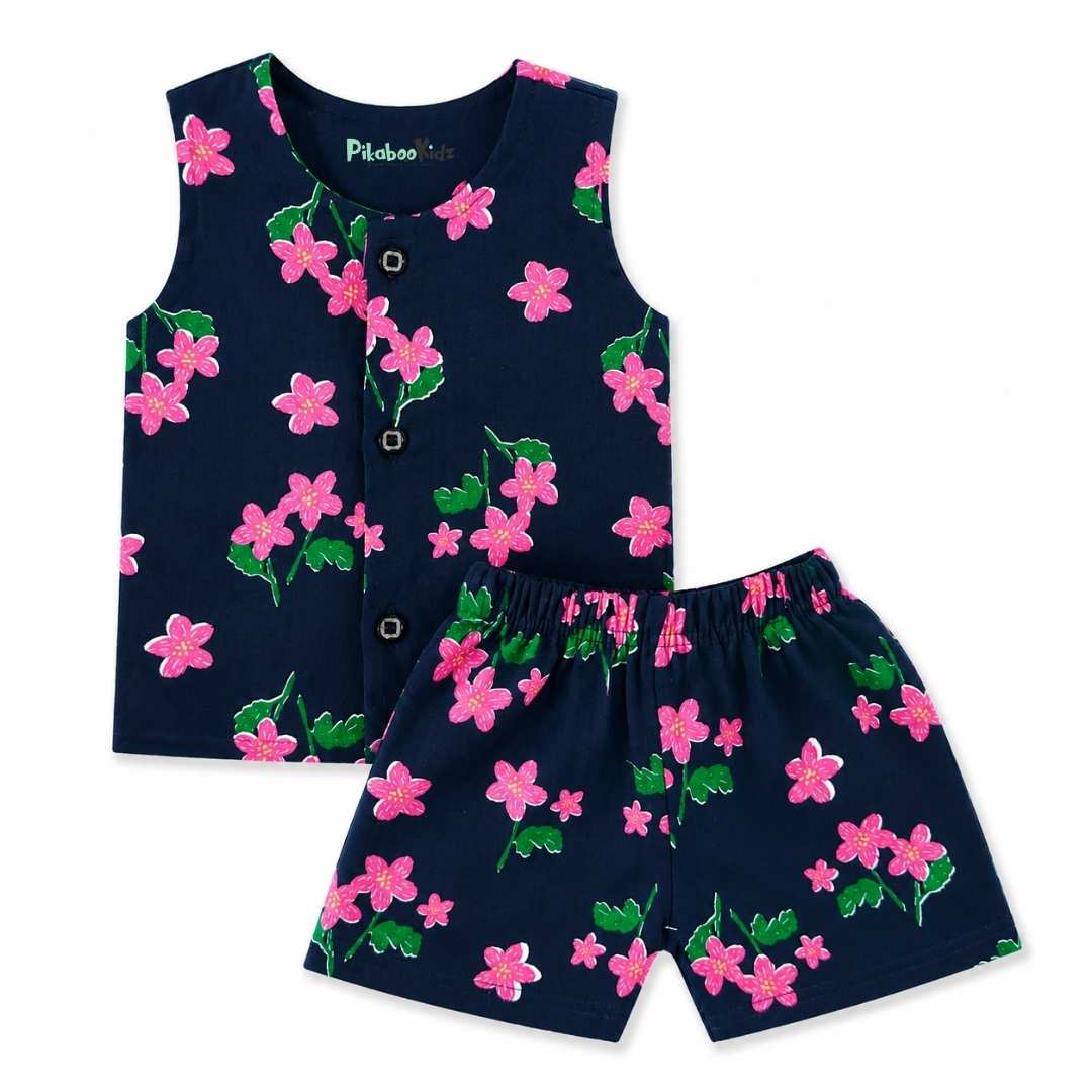 Muslin Vest & Shorts Set -Navy blue flower