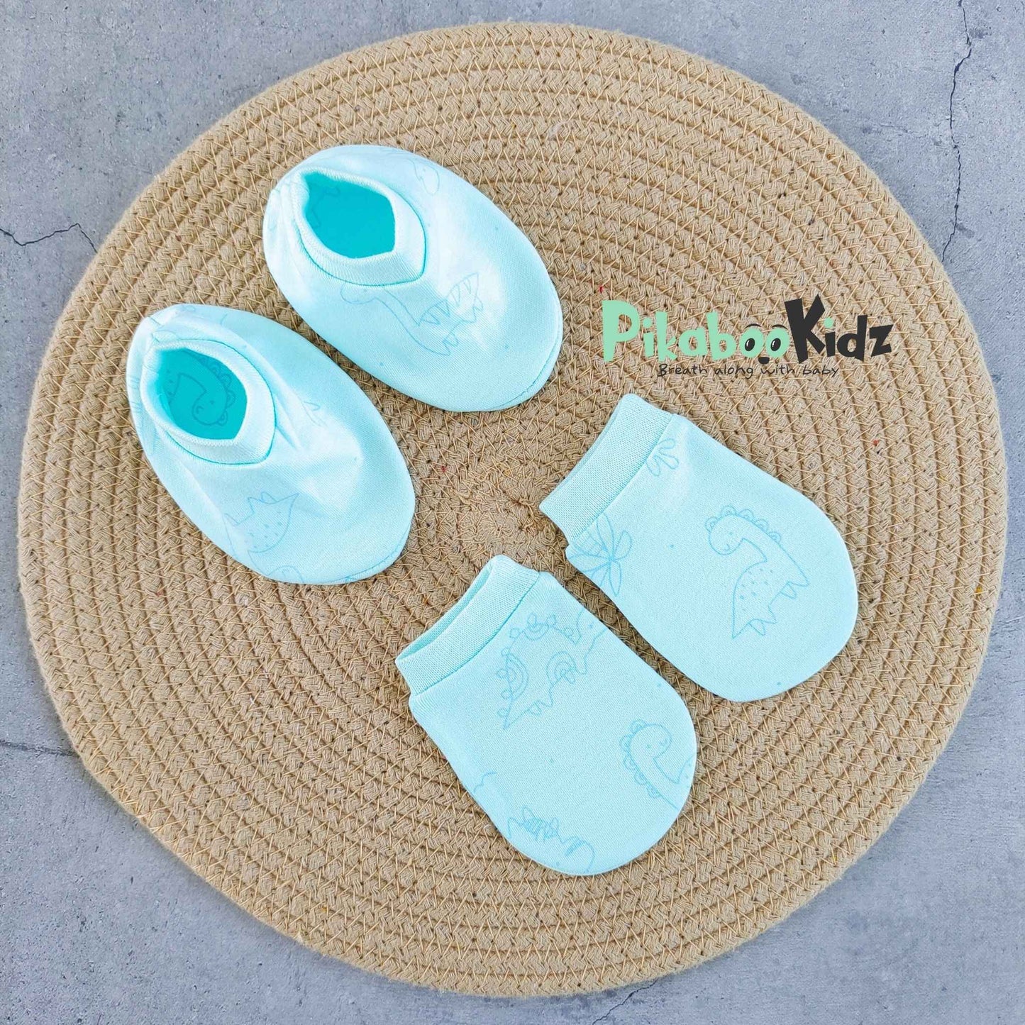 Mittens Booties Set – Aqua blue Dino