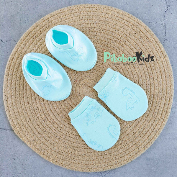 Mittens Booties Set – Aqua blue Dino