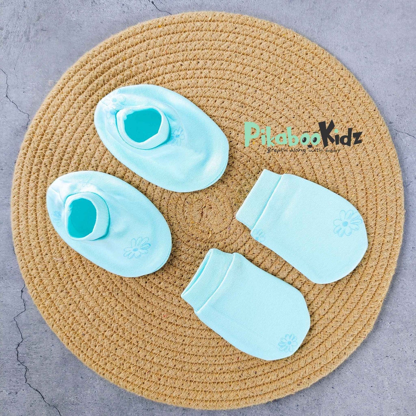 Mittens Booties Set – Sky Blue Flowers