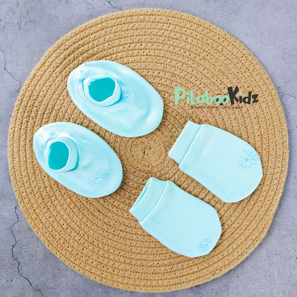 Mittens Booties Set – Sky Blue Flowers