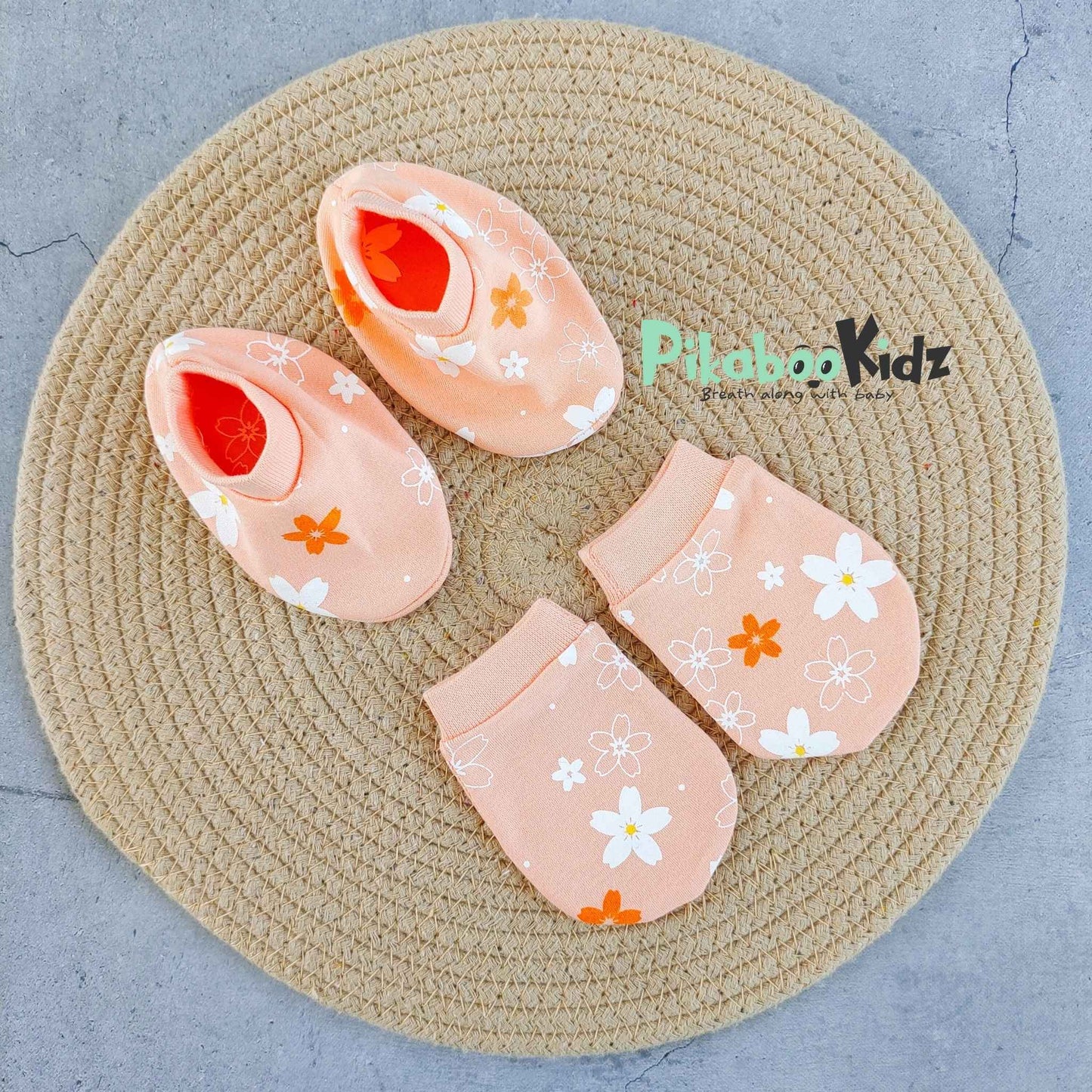 Mittens Booties Set – Orange Flowers