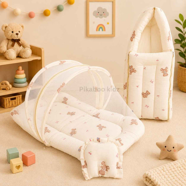 Muslin Carry Nest + Net Bed Combo - Teddy