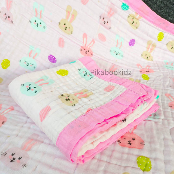 Muslin 6 layer Receiving Blanket Colors - Pink Bunny