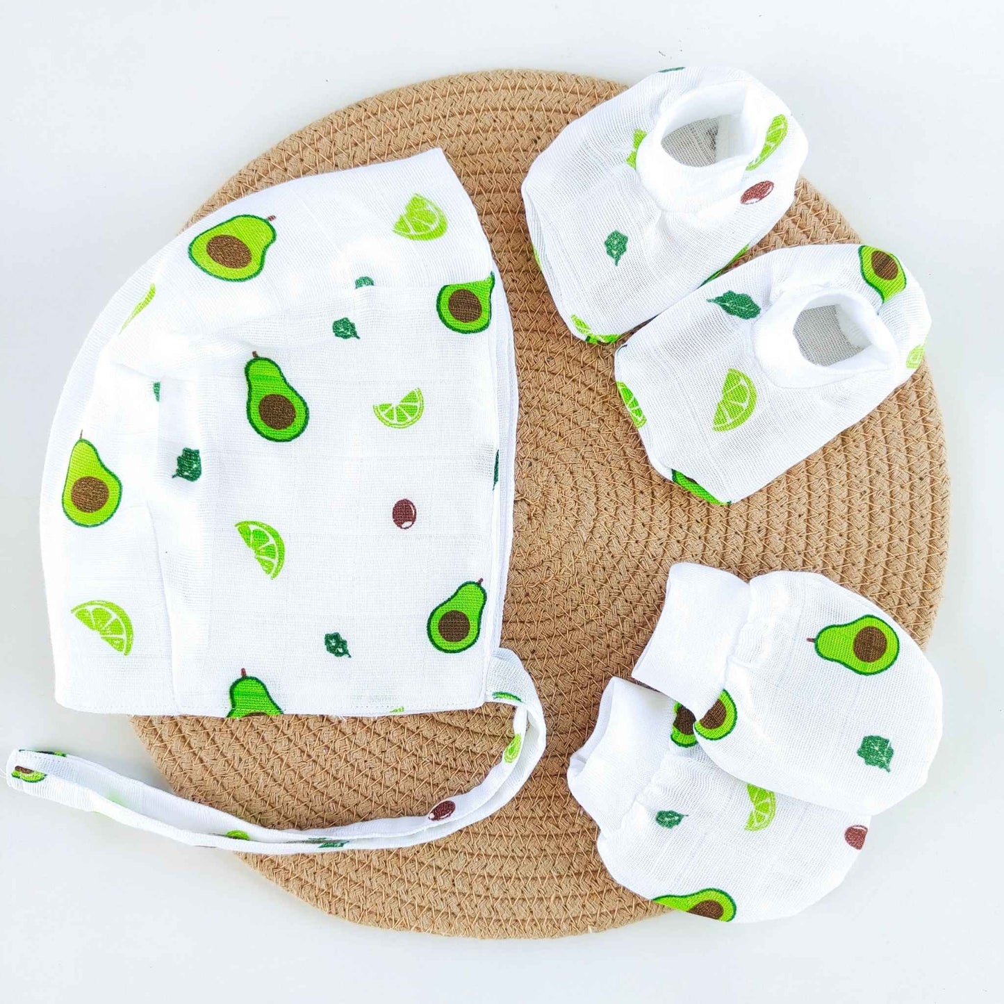 Muslin Cap mittens Booties – Avacado