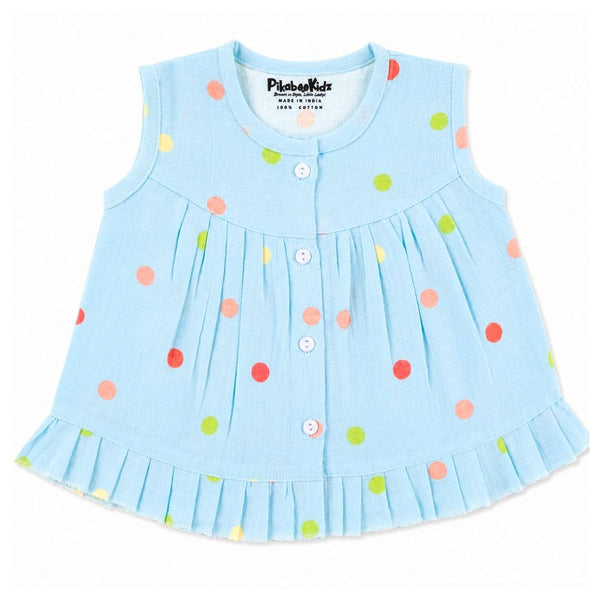 Muslin Button frock 0-6M - Blue dots