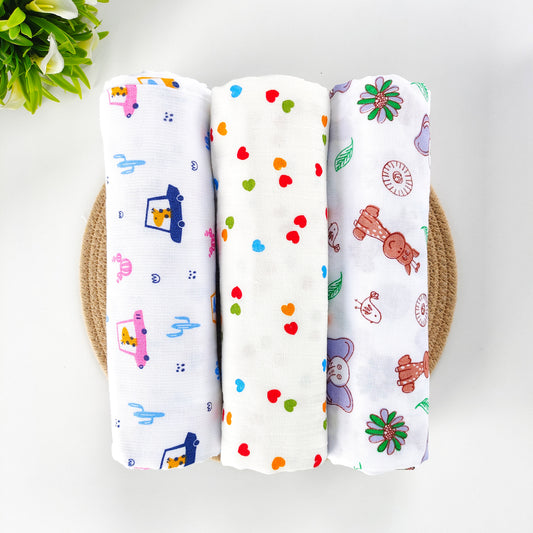 Combo of 3 Muslin Swaddles (Car, Heart, Elephant)