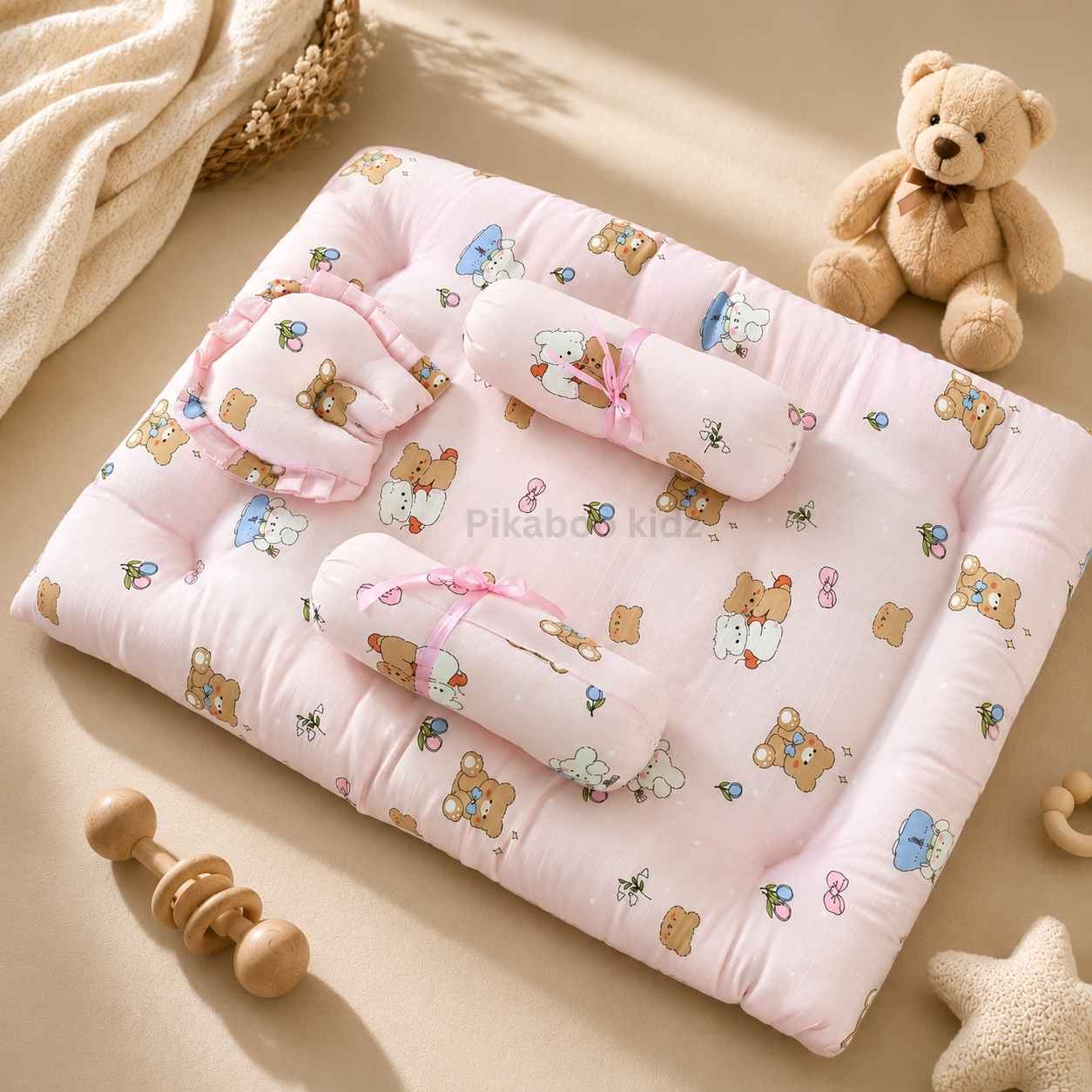 Muslin bed with Bolsters and pillow Pink