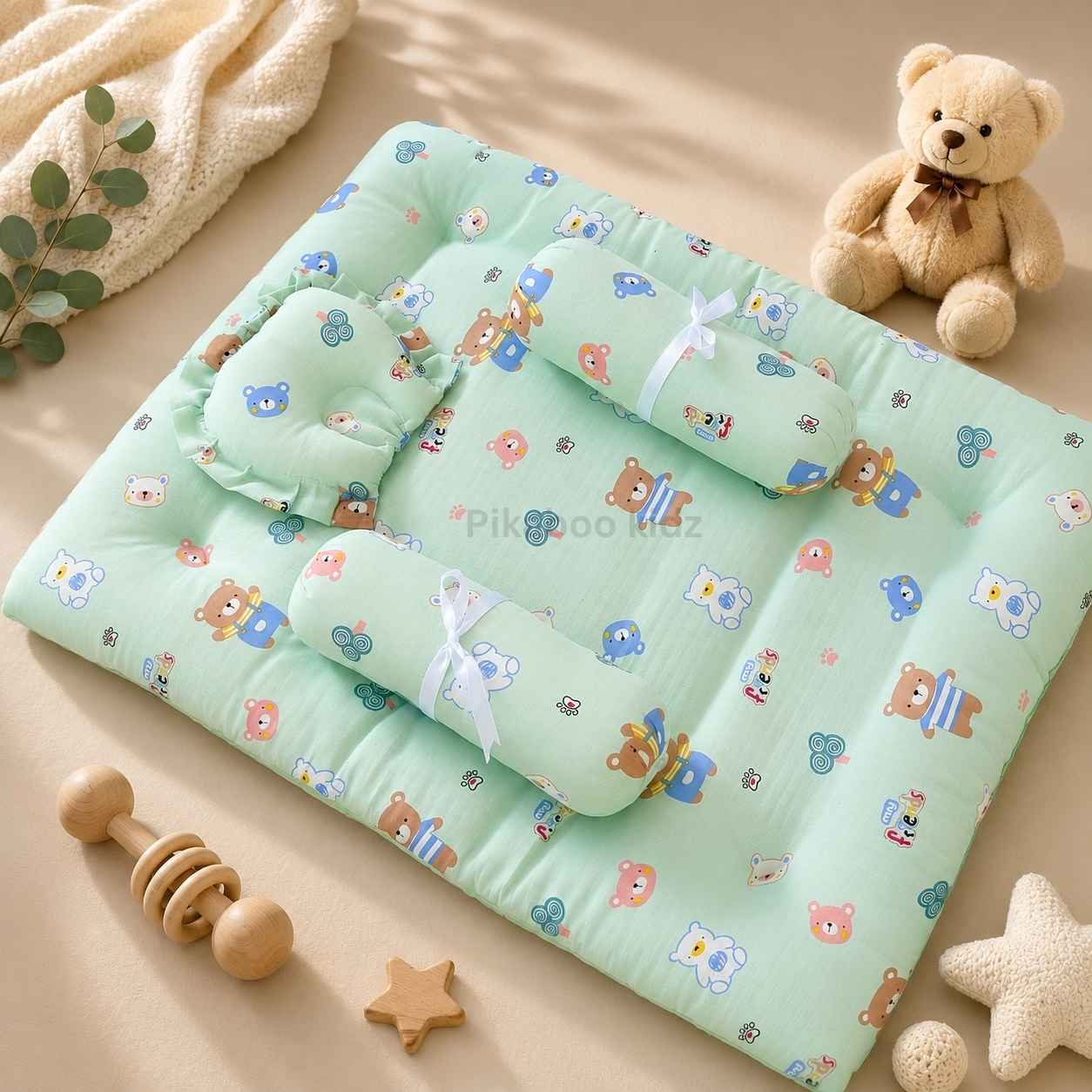 Muslin bed with Bolsters and pillow Green