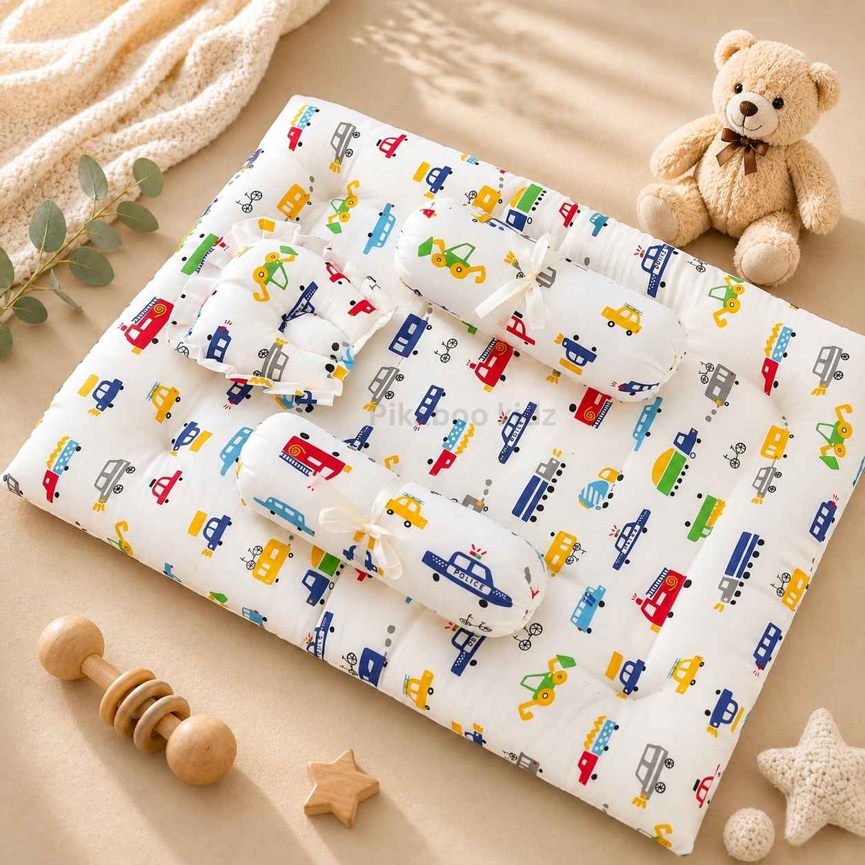 Muslin bed with Bolsters and pillow Cars