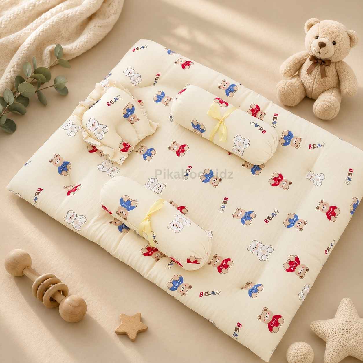 Muslin bed with Bolsters and pillow Bear