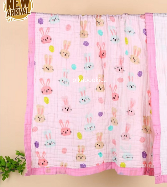 Muslin 6 layer Receiving Blanket Colors - Pink Bunny