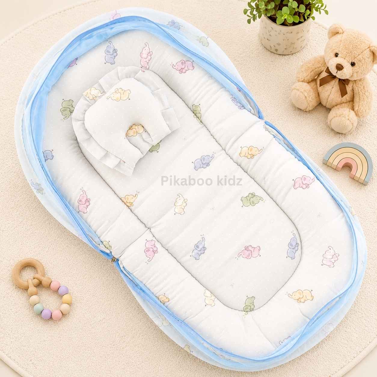 Muslin Baby Net BED – Blue elephants