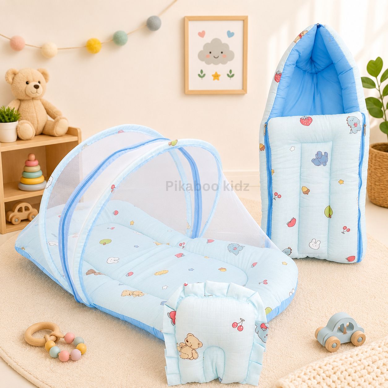 Muslin Carry Nest + Net Bed Combo - Blue Teddy