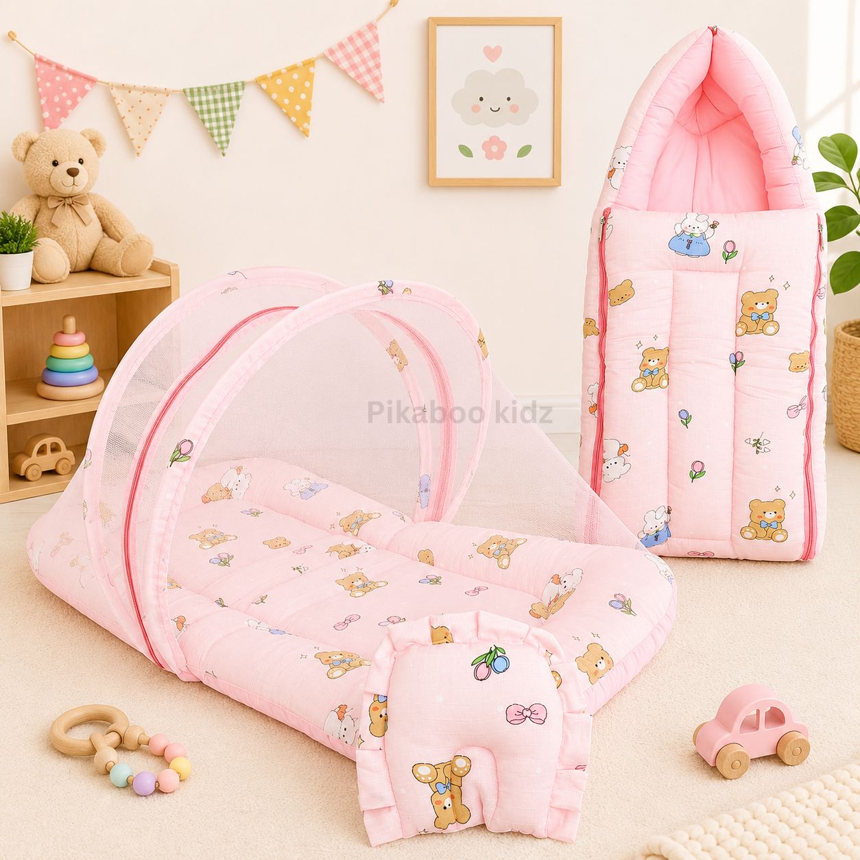 Muslin Carry Nest + Net Bed Combo - Pink