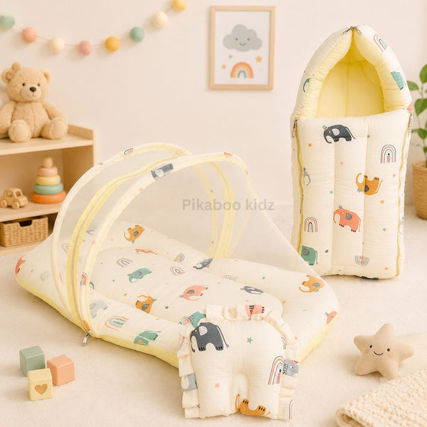 Muslin Carry Nest + Net Bed Combo - Yellow Elephants