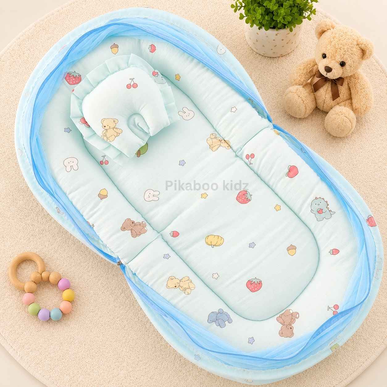 Muslin Carry Nest + Net Bed Combo - Blue Teddy