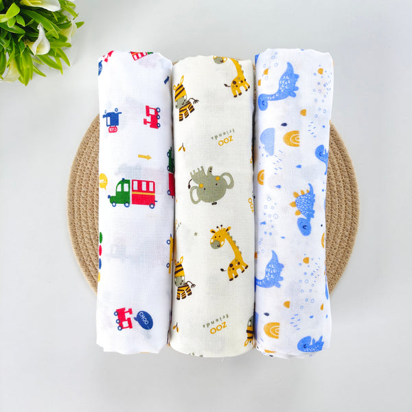 Combo of 3 Muslin Swaddles ( Vehicles, Zoo, Dino )