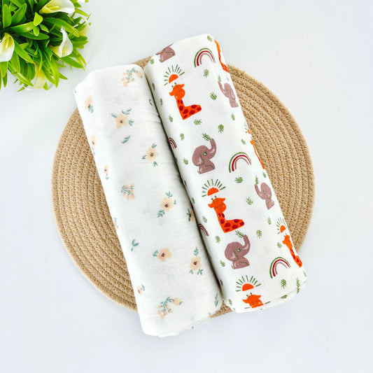Combo of 2 Muslin Swaddles ( Giraffe , Flowers )