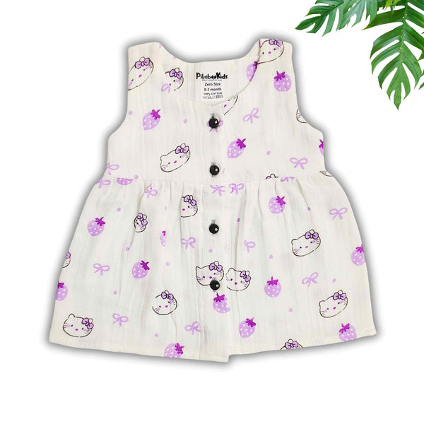 Muslin Button Sleeveless Frock - Purple Kitty