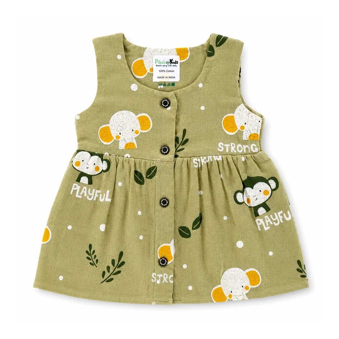 Muslin Button Sleeveless Frock - Olive Green