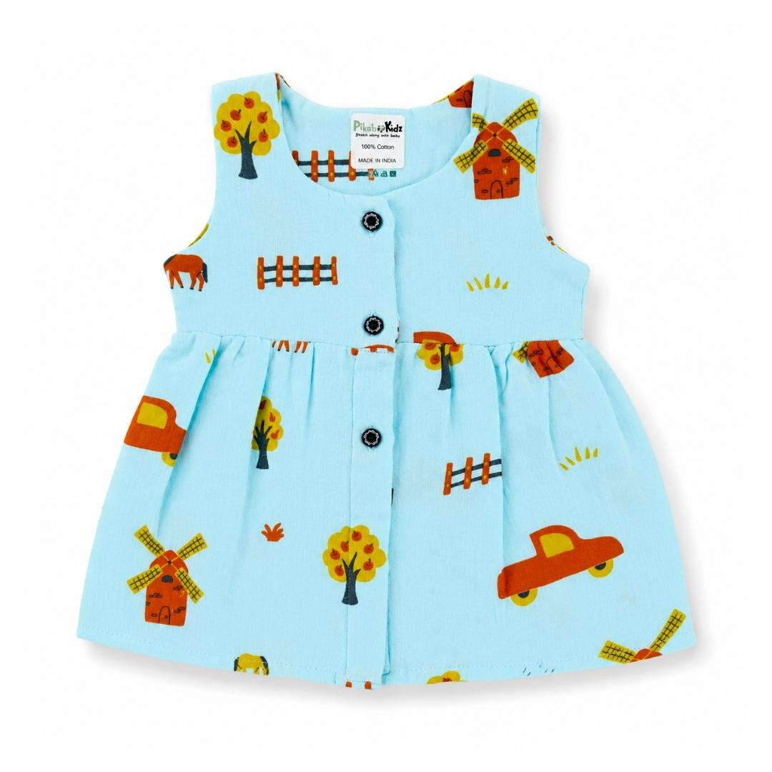 Muslin Button Sleeveless Frock - Blue farm