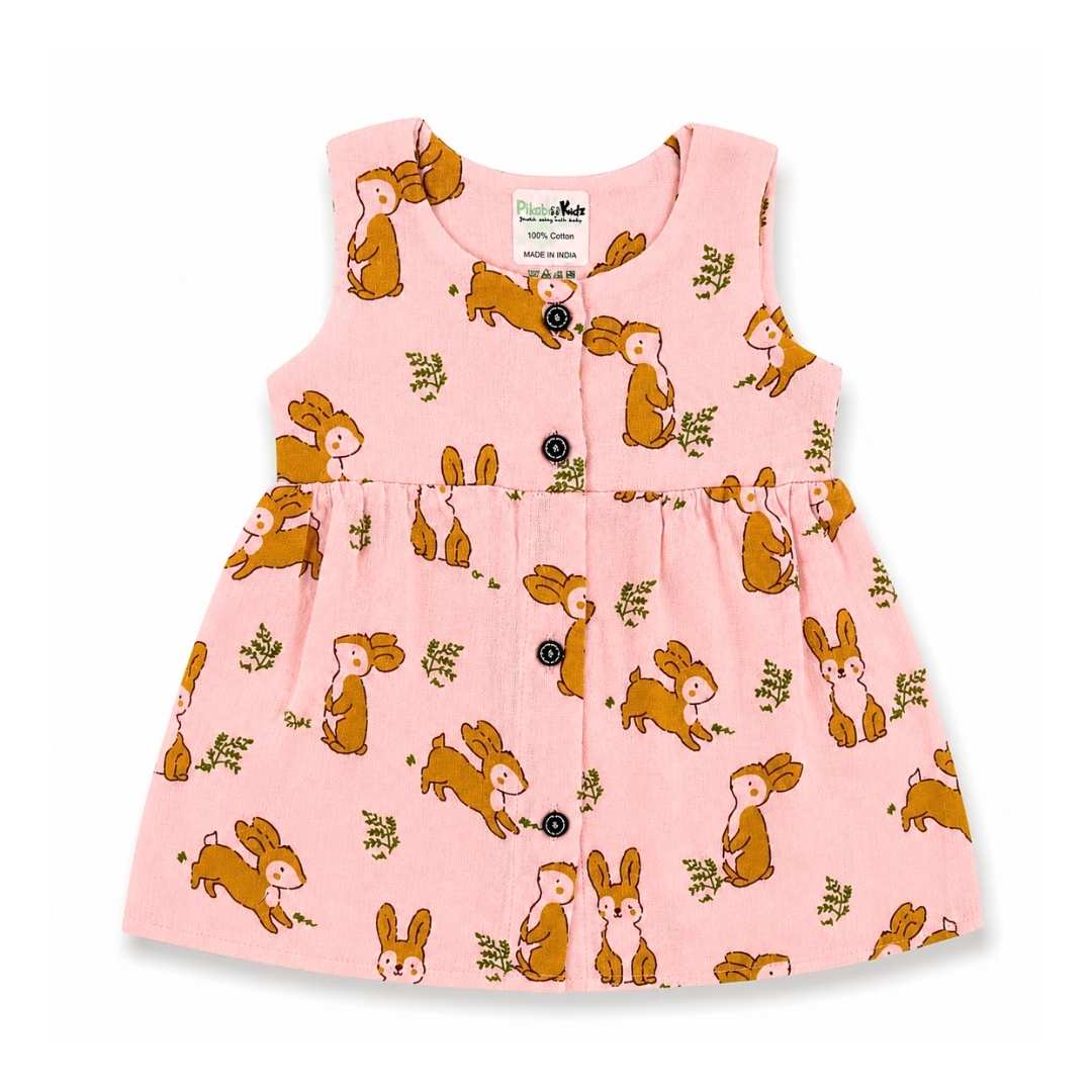 Muslin Button Sleeveless Frock - Peach Bunny