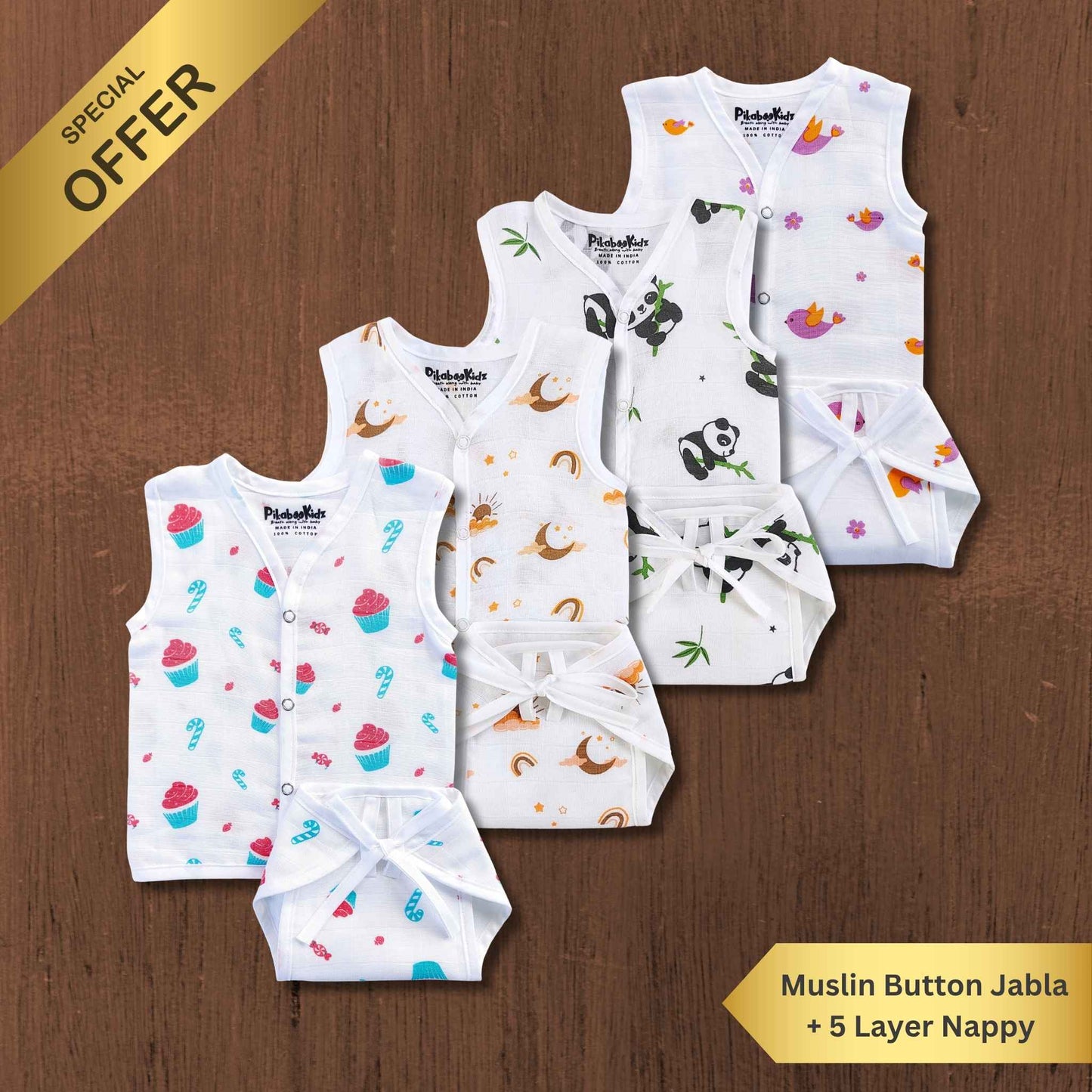 Muslin Premium Button Jabla & Nappy set Pack of 4 ( Any 4 designs )