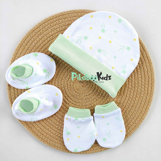 Organic cotton Cap mittens Booties – Green STARS