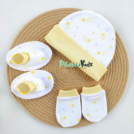 Organic cotton Cap mittens Booties – Yellow Stars