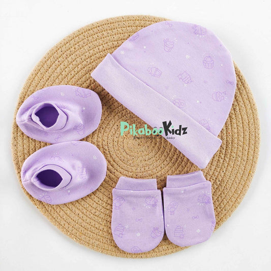 Organic cotton Cap mittens Booties – Purple