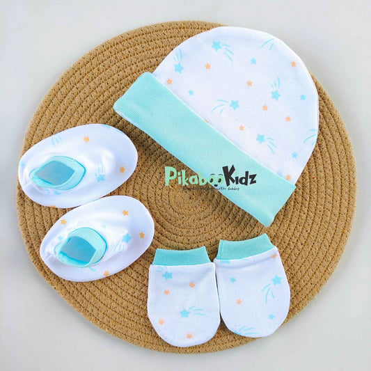 Organic cotton Cap mittens Booties – Blue stars