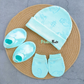 Organic cotton Cap mittens Booties – Aqua Blue Dino
