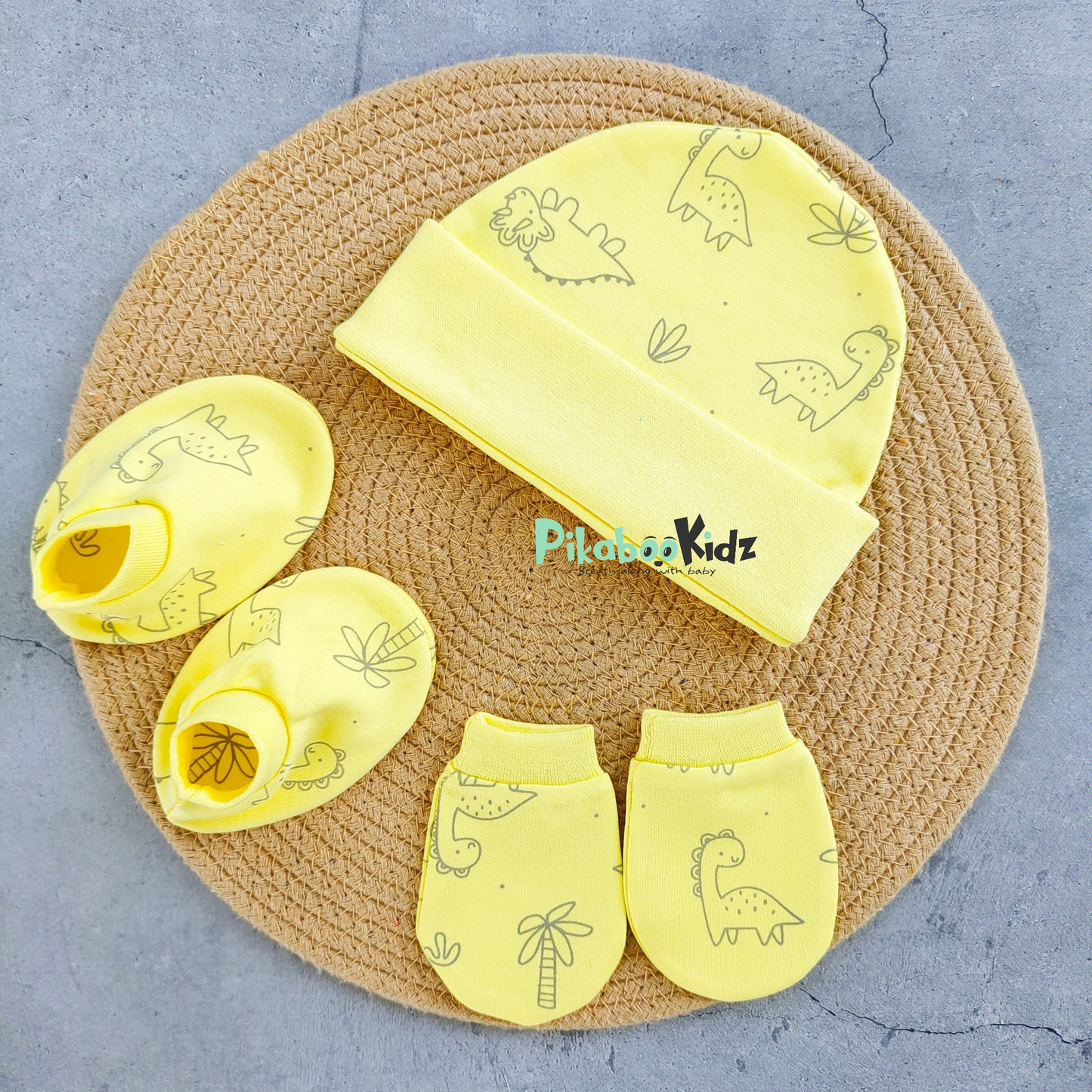 Organic cotton Cap mittens Booties – Yellow Dino